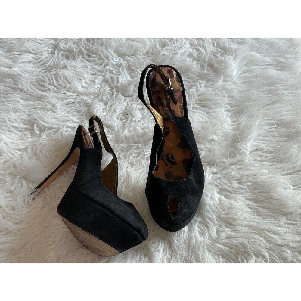 Sam Edelman Women’s Size 7.5 Black Suede Shoes Peep Toe Platform Heels - Picture 5 of 11